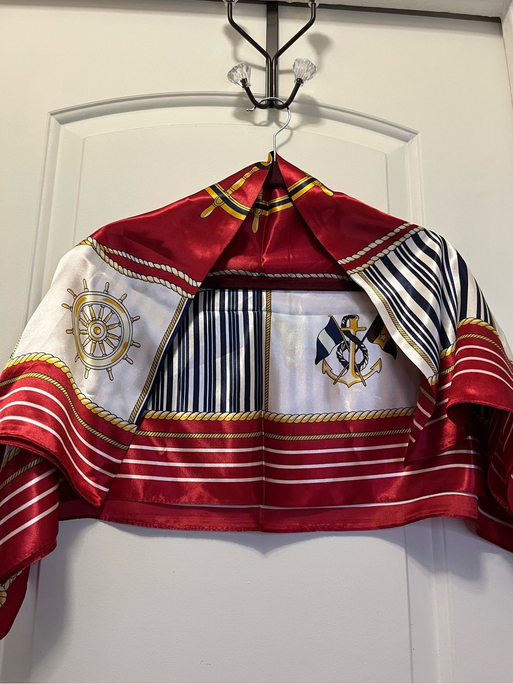 NWOT Nautical Print Satin Scarf in Red, White & Navy 34x35 inches